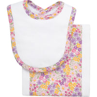 Cotton newborn bib and burp set for baby girl with pink and purple floral fabric, 3 Marthas