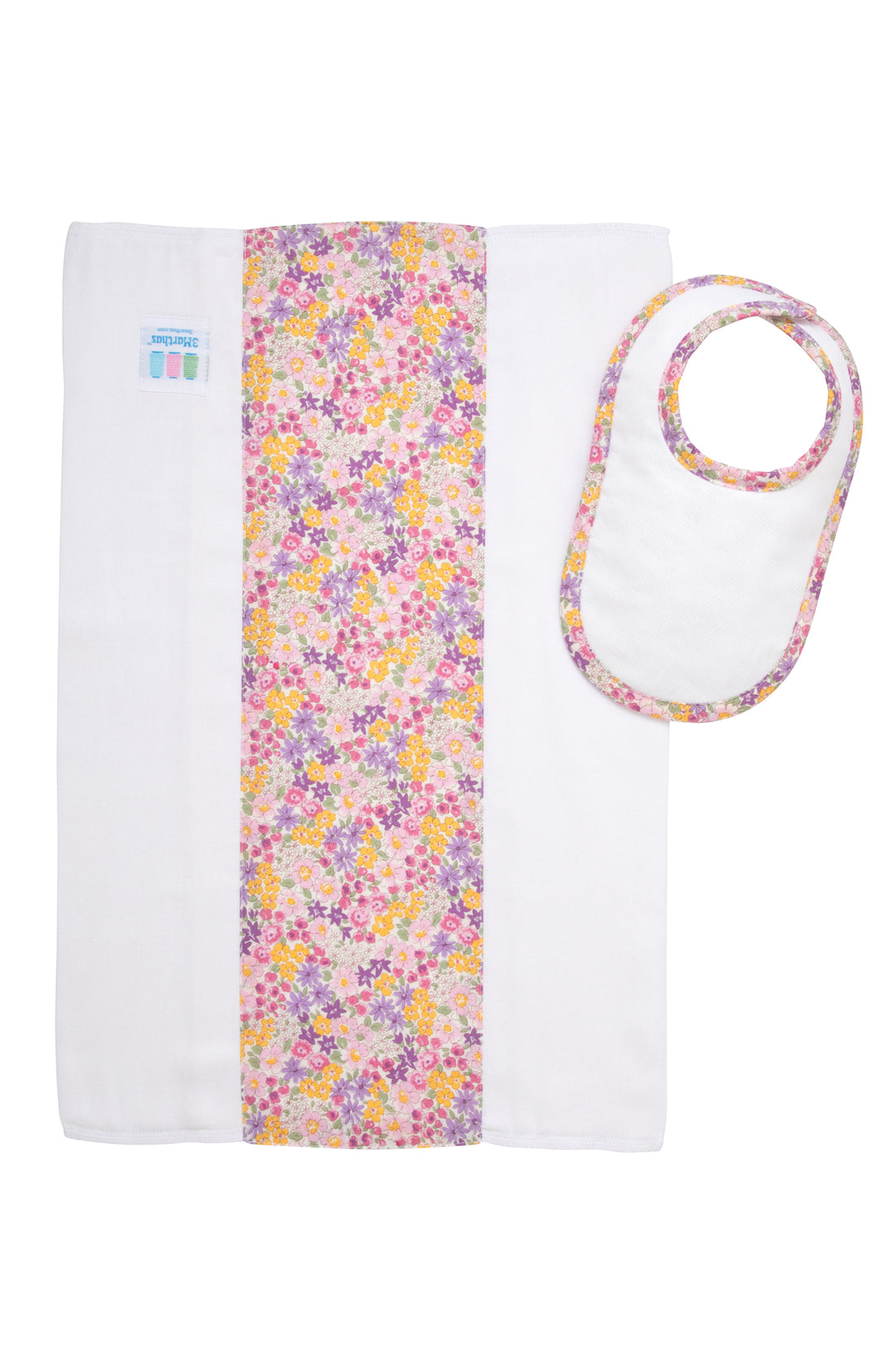 Cotton newborn bib and burp set for baby girl with pink and purple floral fabric, 3 Marthas