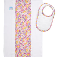 Cotton newborn bib and burp set for baby girl with pink and purple floral fabric, 3 Marthas