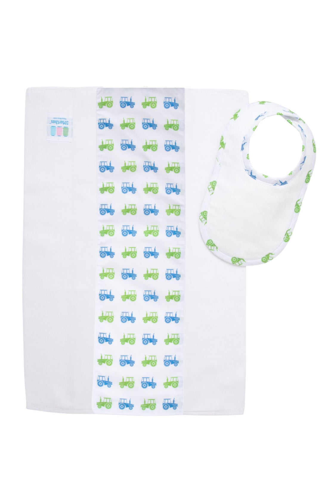 Cotton newborn bib and burp set for baby boy with blue and green tractor print fabric, 3 Marthas