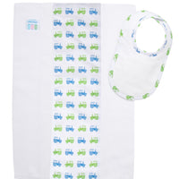 Cotton newborn bib and burp set for baby boy with blue and green tractor print fabric, 3 Marthas