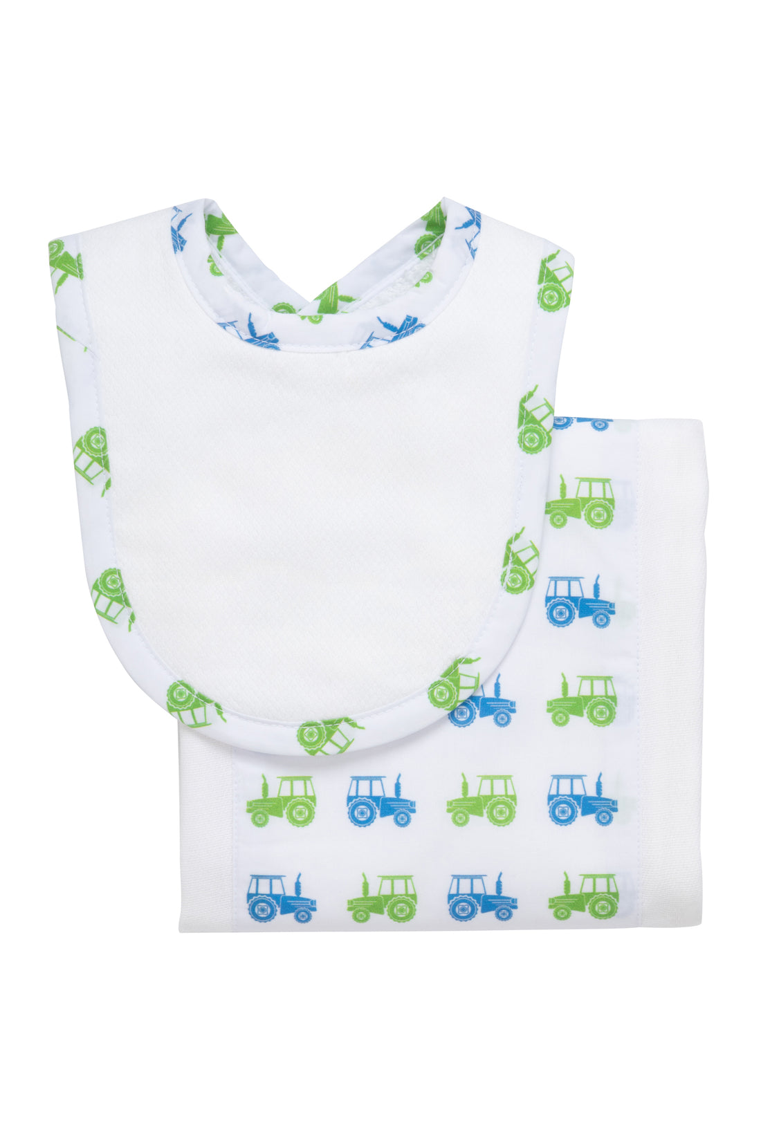 Cotton newborn bib and burp set for baby boy with blue and green tractor print fabric, 3 Marthas
