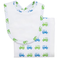 Cotton newborn bib and burp set for baby boy with blue and green tractor print fabric, 3 Marthas