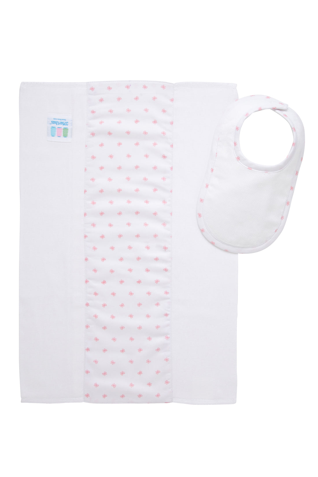 Cotton newborn bib and burp set for baby girl with pink bow print fabric, 3 Marthas
