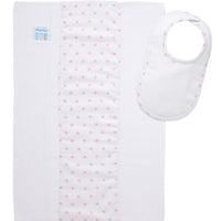 Cotton newborn bib and burp set for baby girl with pink bow print fabric, 3 Marthas