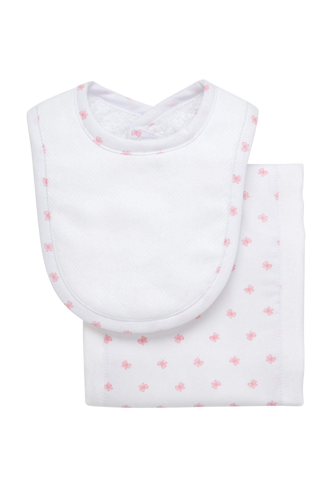 Cotton newborn bib and burp set for baby girl with pink bow print fabric, 3 Marthas