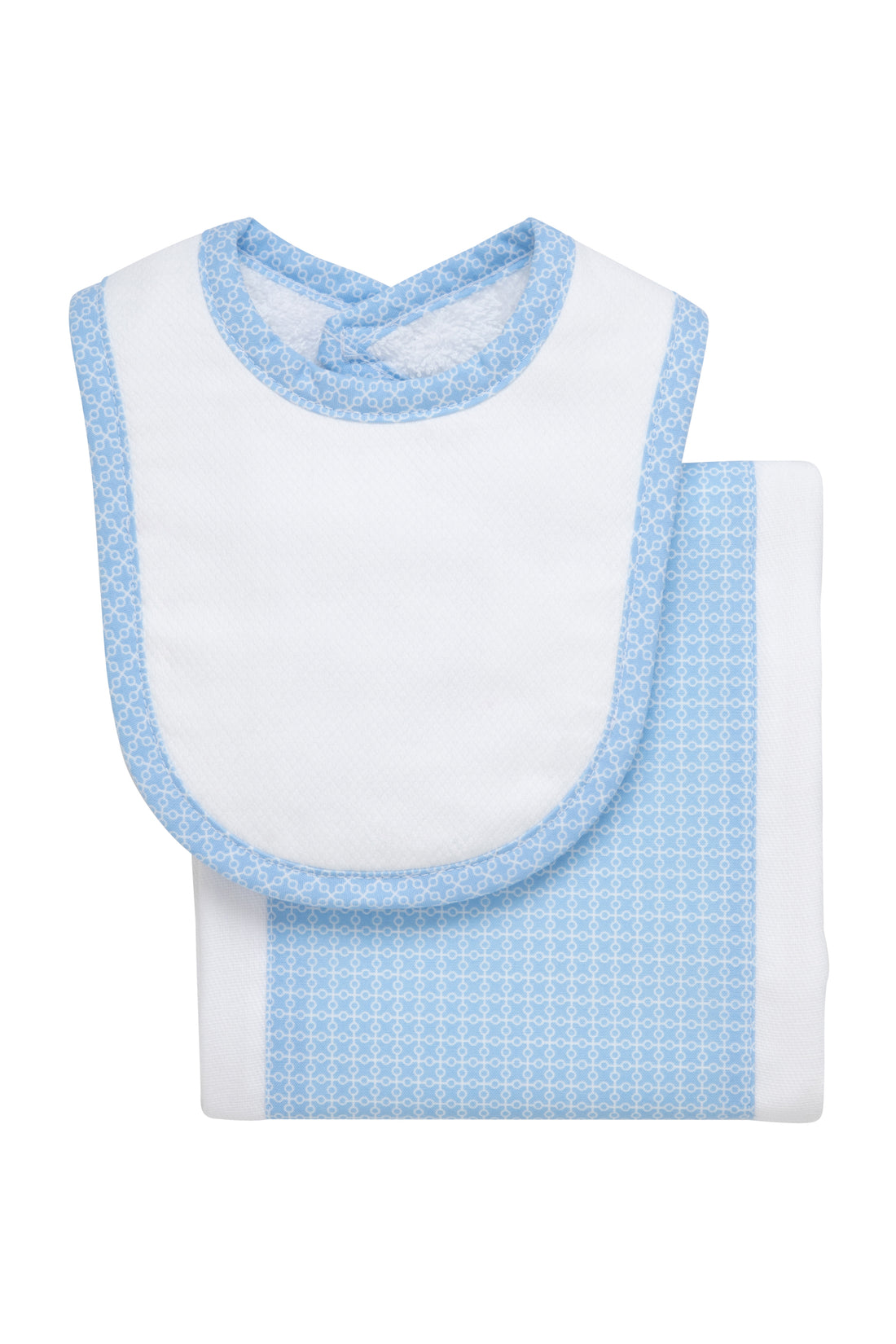 Cotton newborn bib and burp set for baby boy with blue grid dot fabric, 3 Marthas