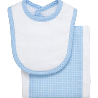 Cotton newborn bib and burp set for baby boy with blue grid dot fabric, 3 Marthas