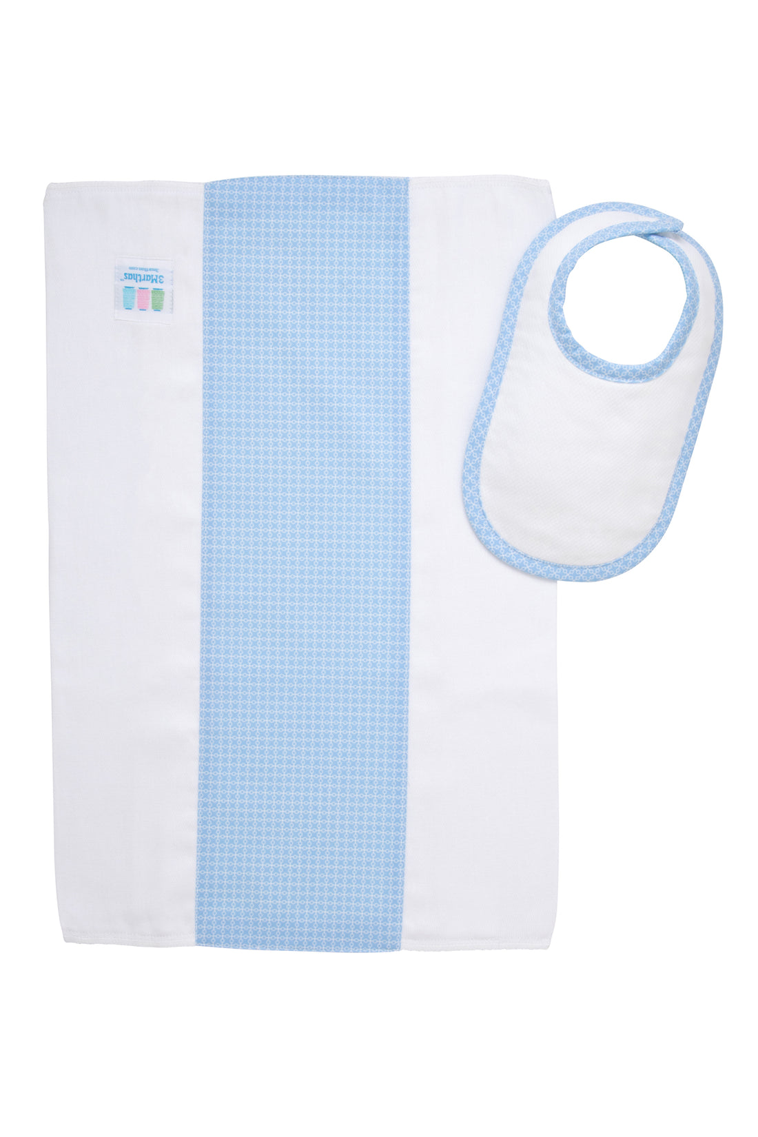 Cotton newborn bib and burp set for baby boy with blue grid dot fabric, 3 Marthas