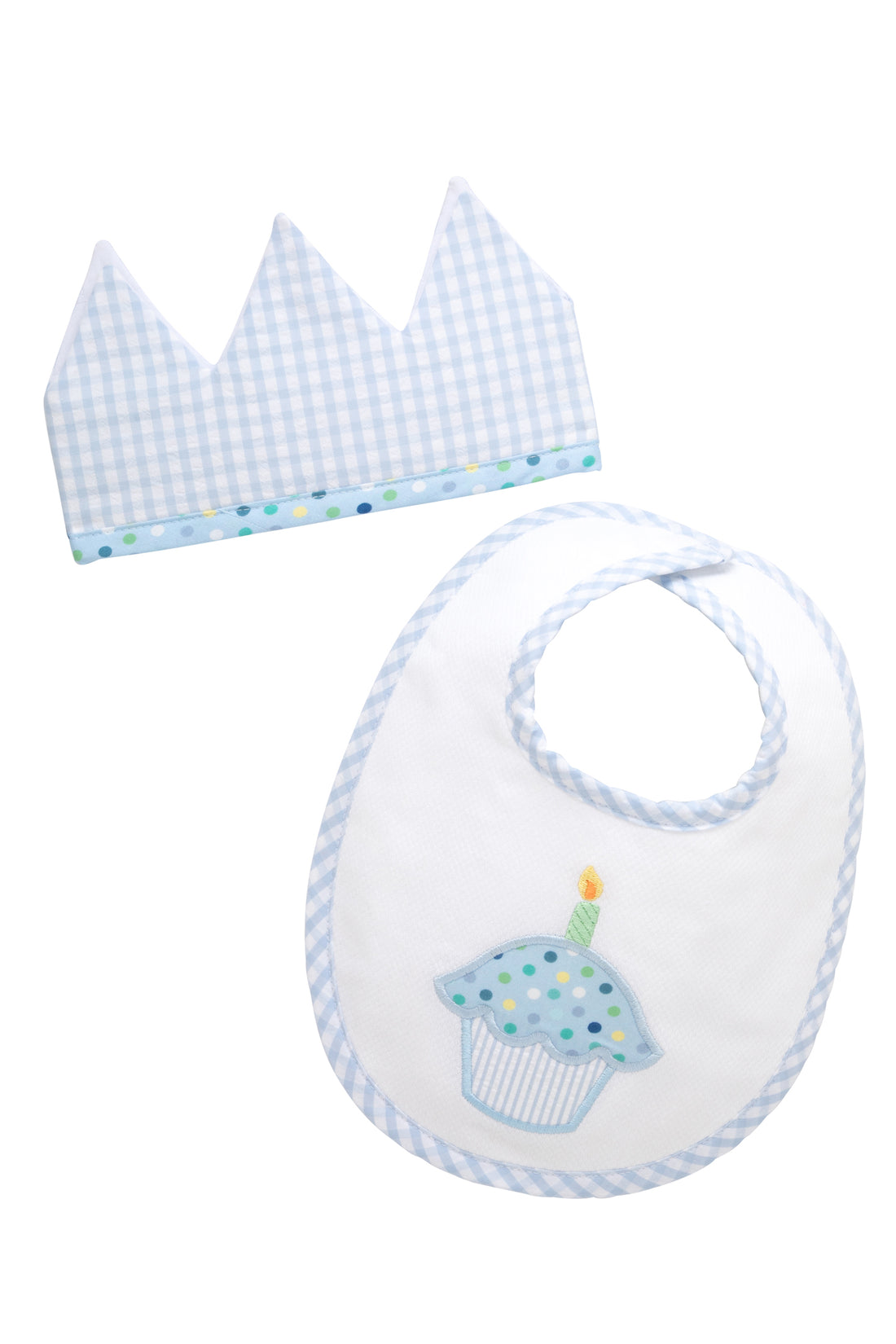 Cotton birthday crown with blue gingham check fabric and bib with cupcake applique, 3 Marthas