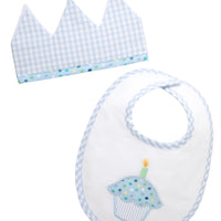 Cotton birthday crown with blue gingham check fabric and bib with cupcake applique, 3 Marthas