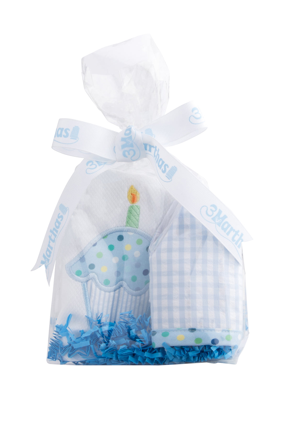 Cotton birthday crown and bib in cello gift bag and tied with a bow, 3 Marthas