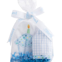 Cotton birthday crown and bib in cello gift bag and tied with a bow, 3 Marthas