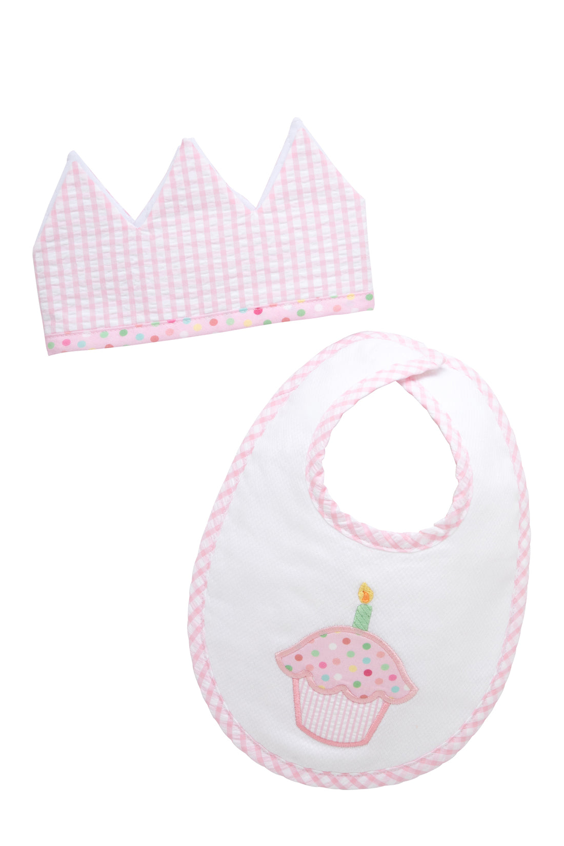 Cotton birthday crown with pink gingham check fabric and bib with cupcake applique, 3 Marthas
