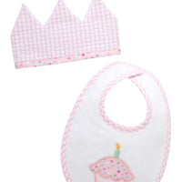 Cotton birthday crown with pink gingham check fabric and bib with cupcake applique, 3 Marthas