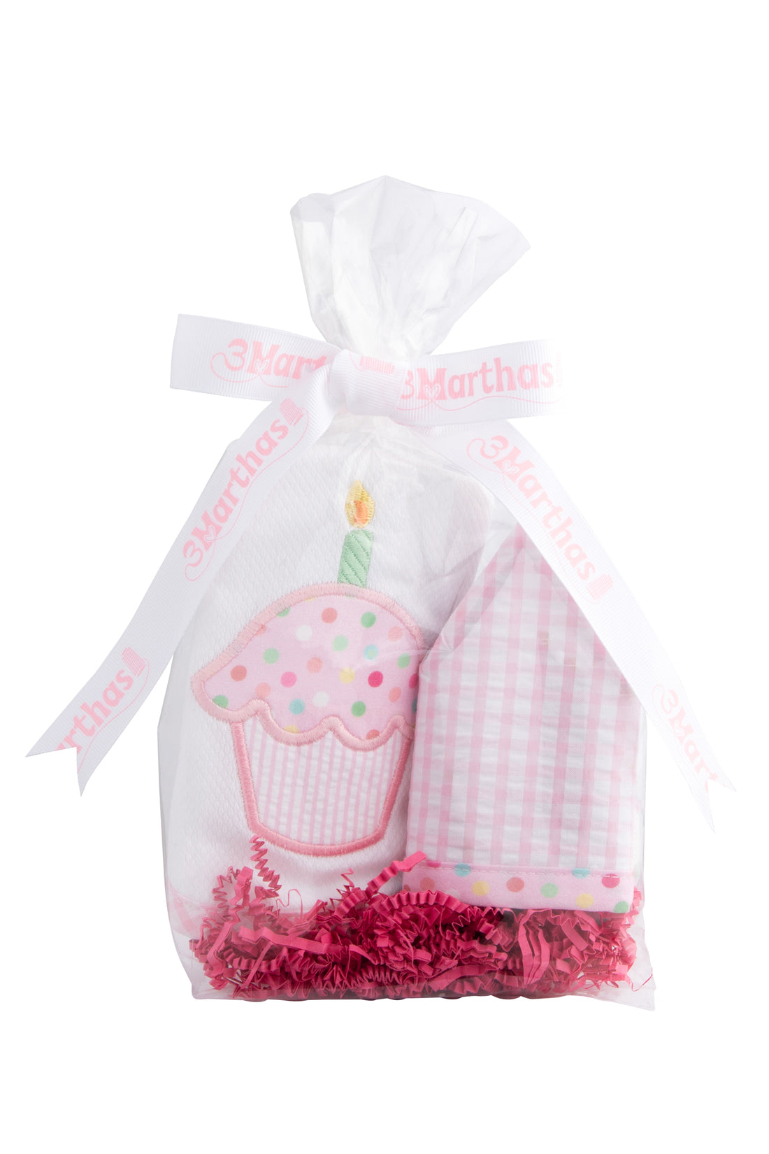 Cotton birthday crown and bib in cello gift bag and tied with a bow, 3 Marthas