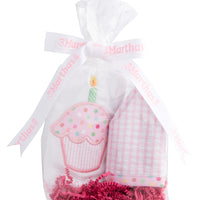 Cotton birthday crown and bib in cello gift bag and tied with a bow, 3 Marthas