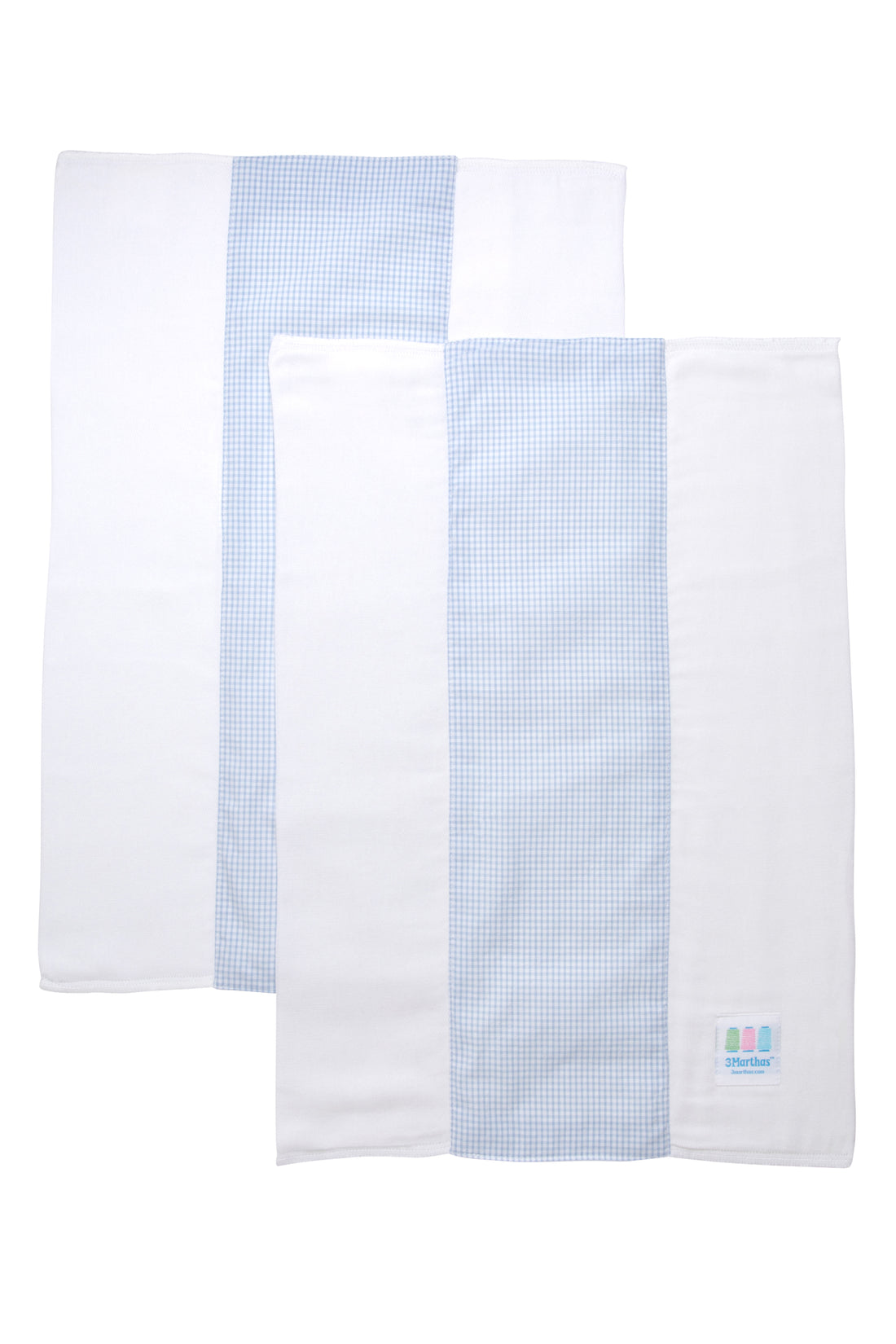 Two cotton burp cloths for baby with blue small gingham check fabric, 3 Marthas