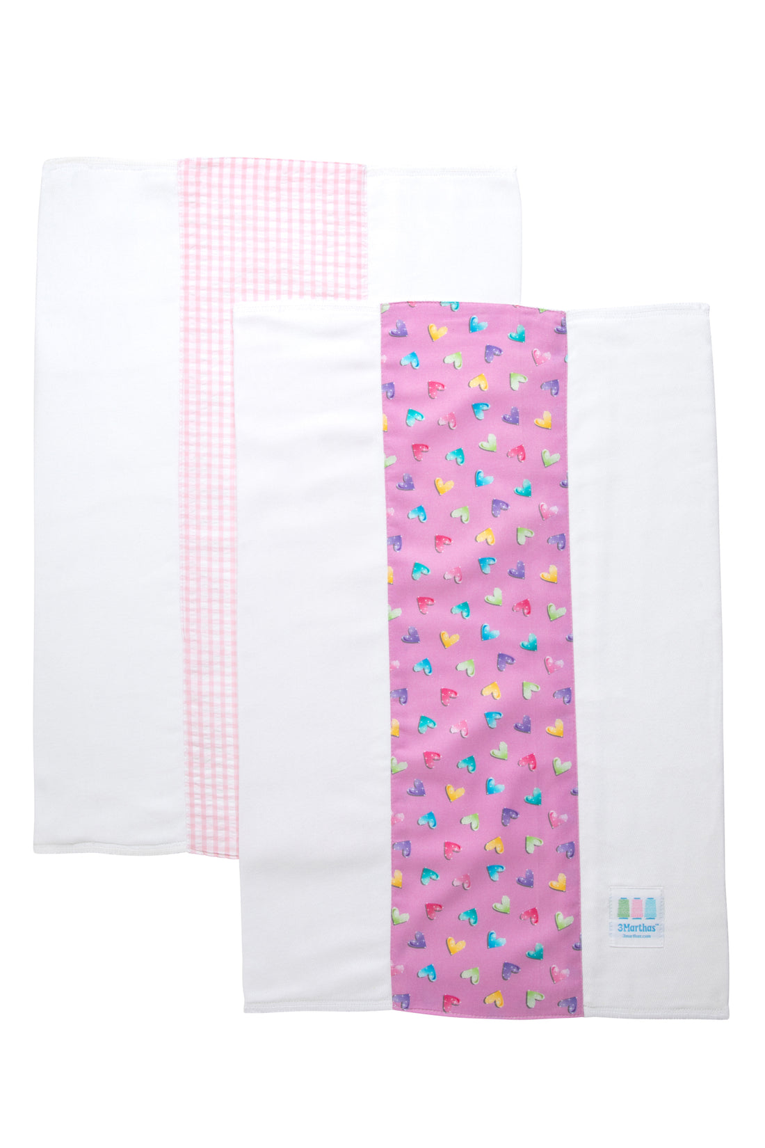 Two cotton burp cloths for baby with multi hearts print and pink gingham check fabric, 3 Marthas