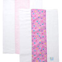 Two cotton burp cloths for baby with multi hearts print and pink gingham check fabric, 3 Marthas