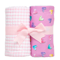 Two cotton burp cloths for baby with multi hearts print and pink gingham check fabric, 3 Marthas