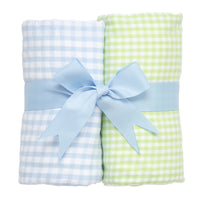 Two cotton burp cloths for baby with blue and green gingham check fabric, 3 Marthas