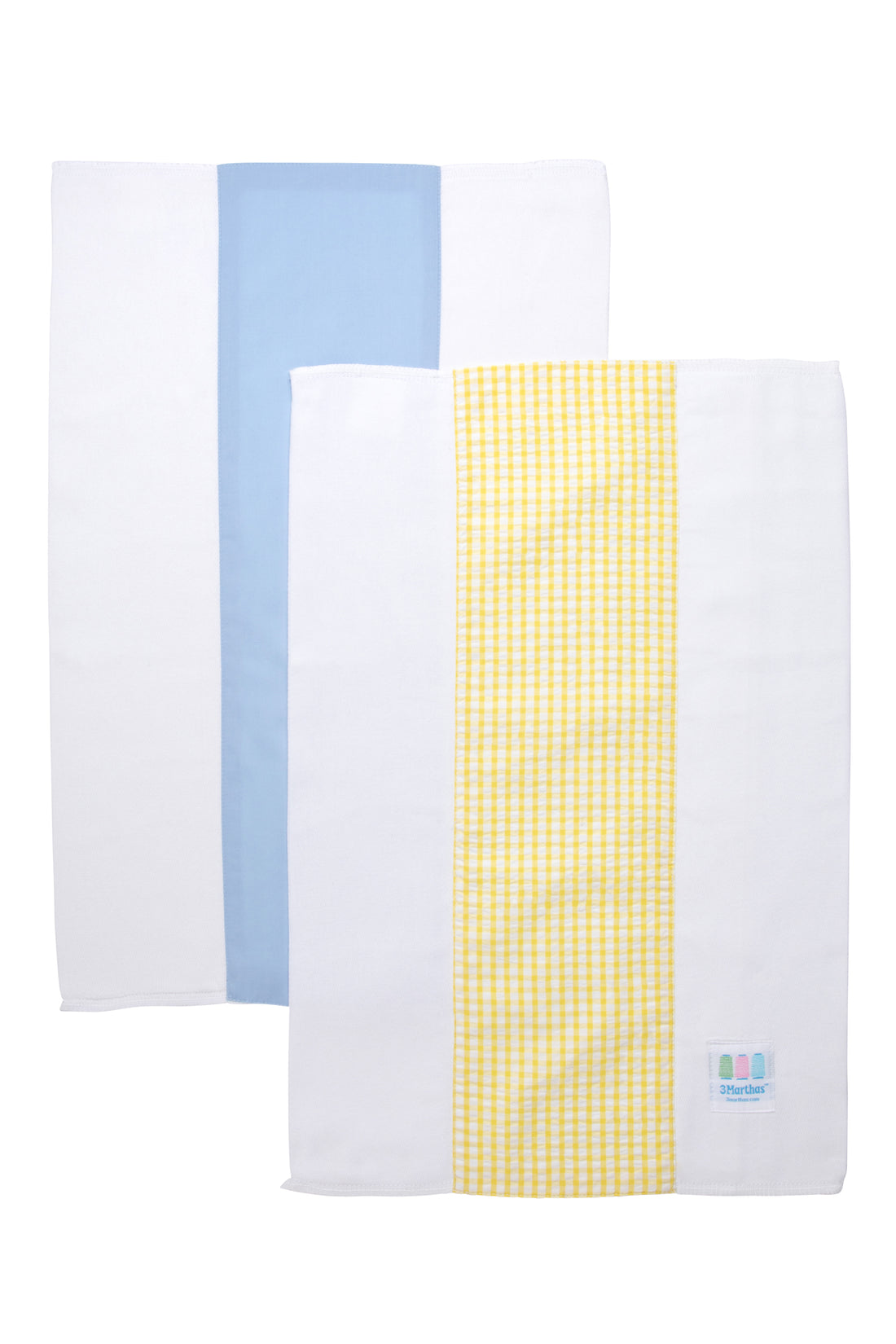 Two cotton burp cloths for baby with blue solid and yellow gingham check fabric, 3 Marthas