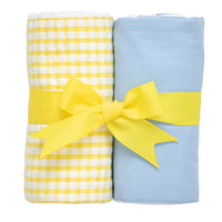 Two cotton burp cloths for baby with blue solid and yellow gingham check fabric, 3 Marthas