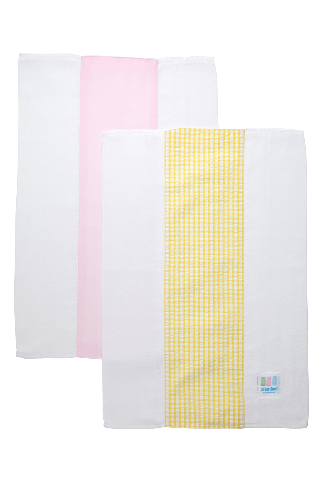 Two cotton burp cloths for baby with pink solid and yellow gingham check fabric, 3 Marthas