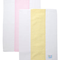 Two cotton burp cloths for baby with pink solid and yellow gingham check fabric, 3 Marthas