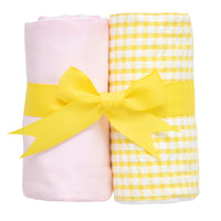 Two cotton burp cloths for baby with pink solid and yellow gingham check fabric, 3 Marthas