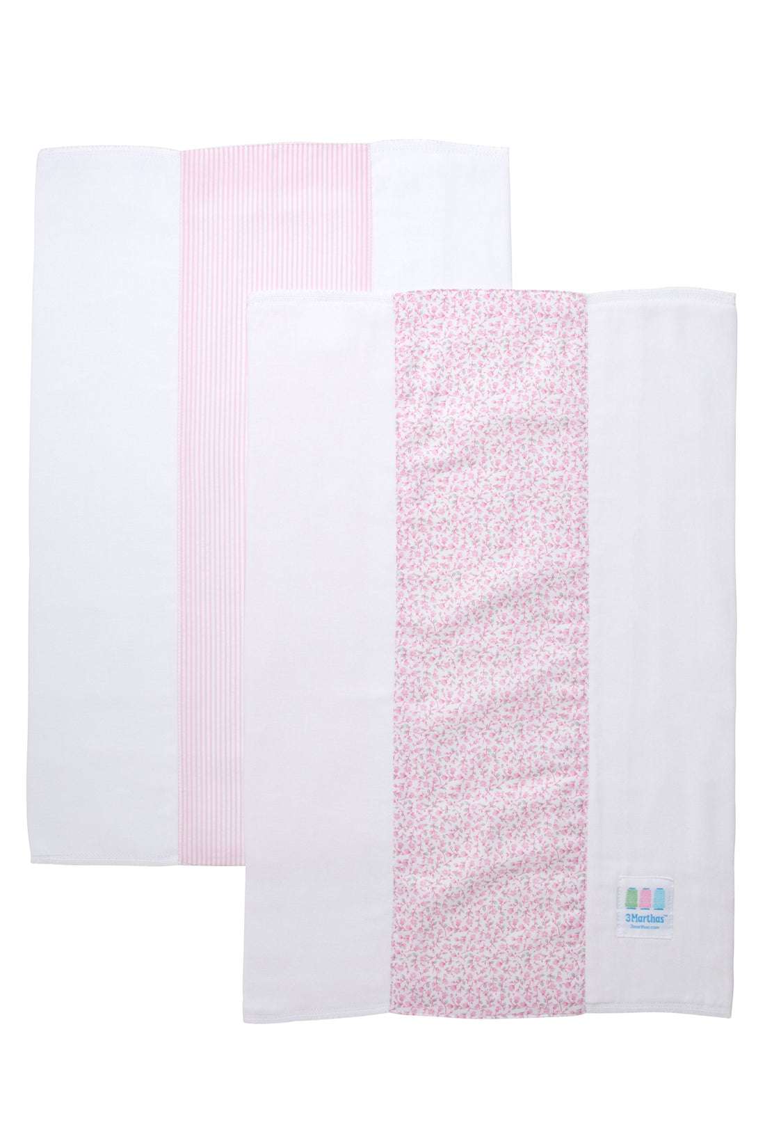 Two cotton burp cloths for baby with pink floral print and seersucker stripe fabric, 3 Marthas