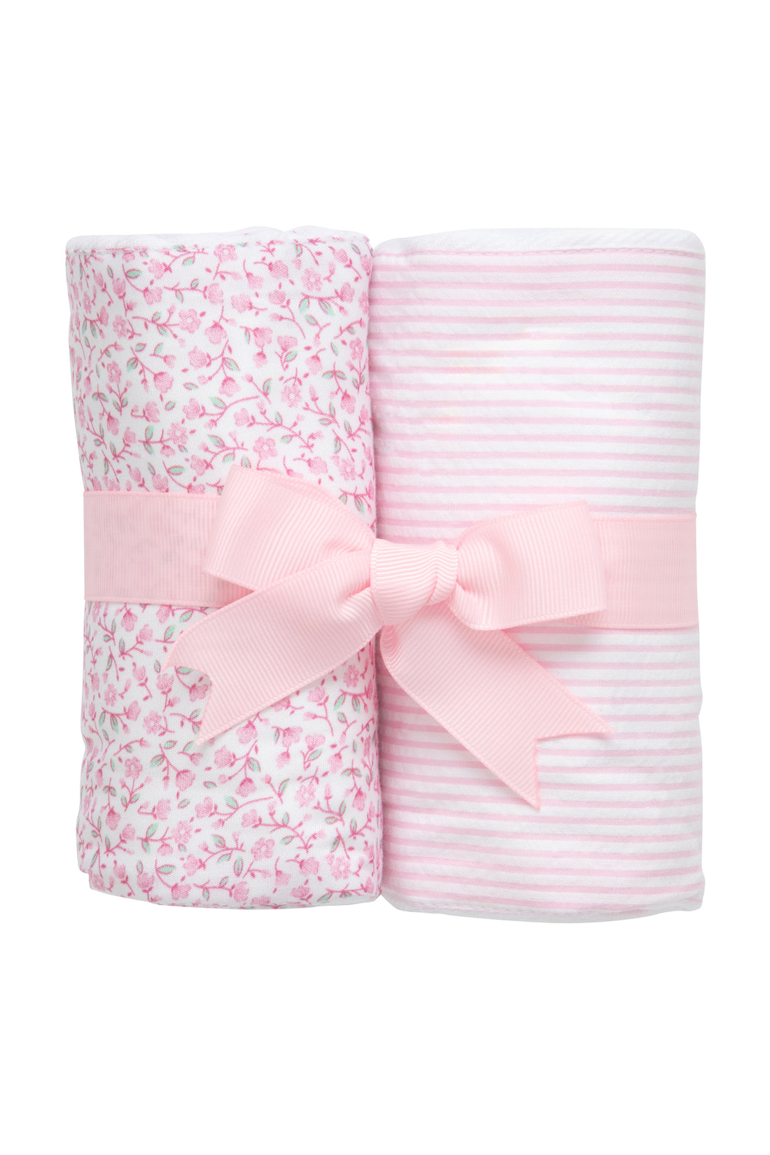 Two cotton burp cloths for baby with pink floral print and seersucker stripe fabric, 3 Marthas