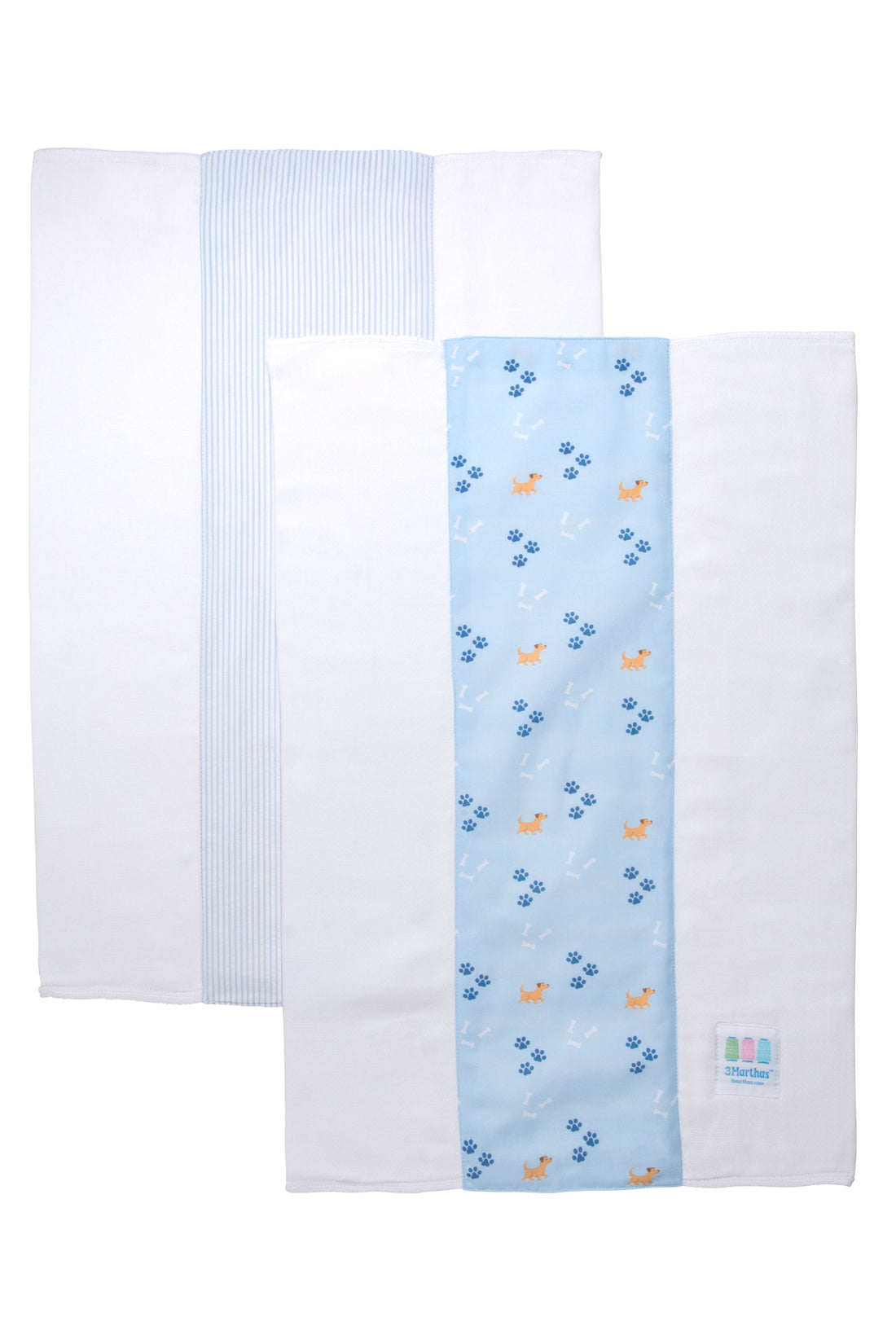 Two cotton burp cloths for baby with blue puppy print and blue seersucker stripe fabric, 3 Marthas