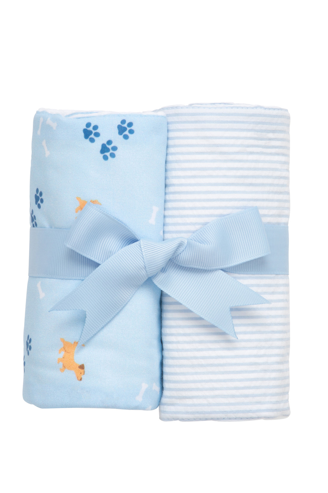 Two cotton burp cloths for baby with blue puppy print and blue seersucker stripe fabric, 3 Marthas