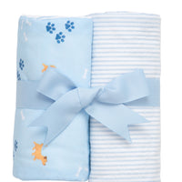 Two cotton burp cloths for baby with blue puppy print and blue seersucker stripe fabric, 3 Marthas