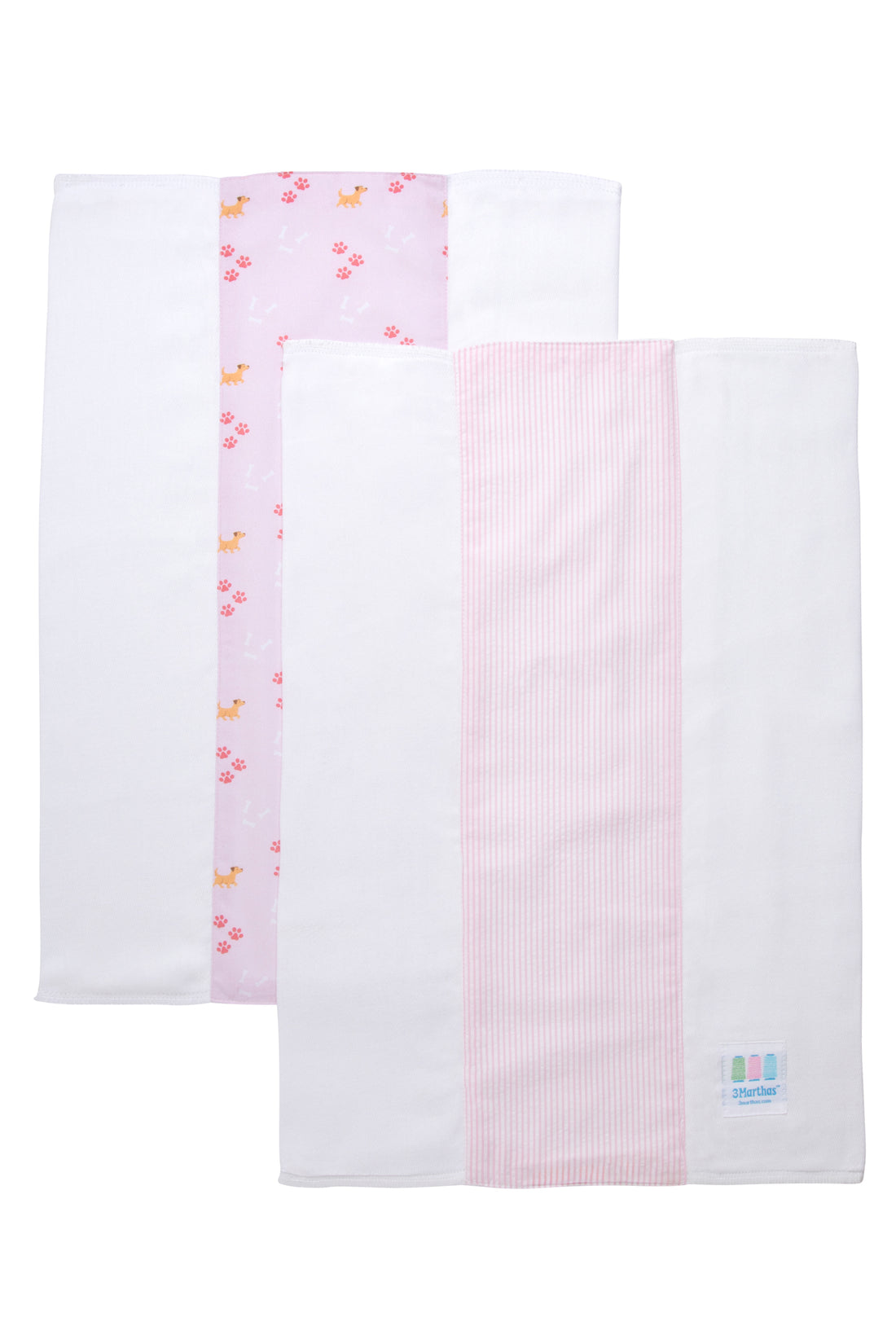 Two cotton burp cloths for baby with pink puppy print and pink seersucker stripe fabric, 3 Marthas