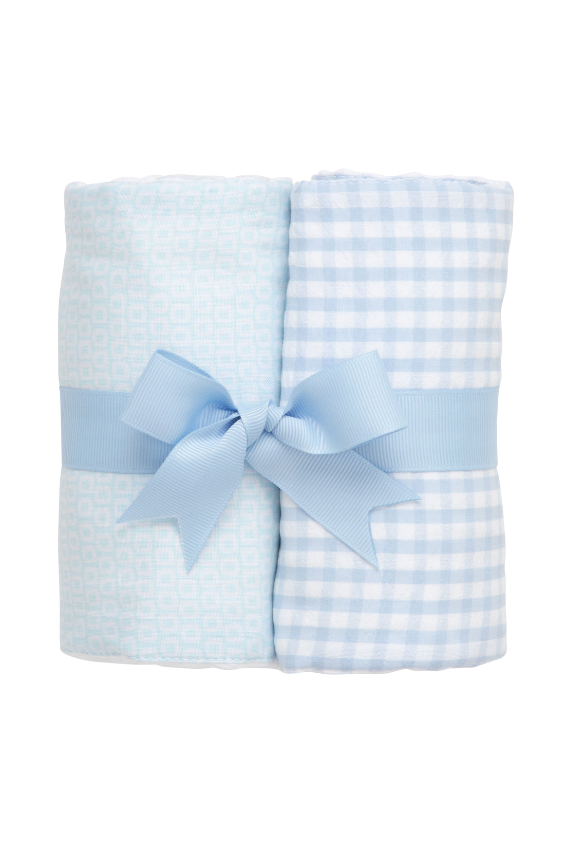 Two cotton burp cloths for baby with blue dot print and blue gingham check fabric, 3 Marthas