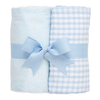 Two cotton burp cloths for baby with blue dot print and blue gingham check fabric, 3 Marthas