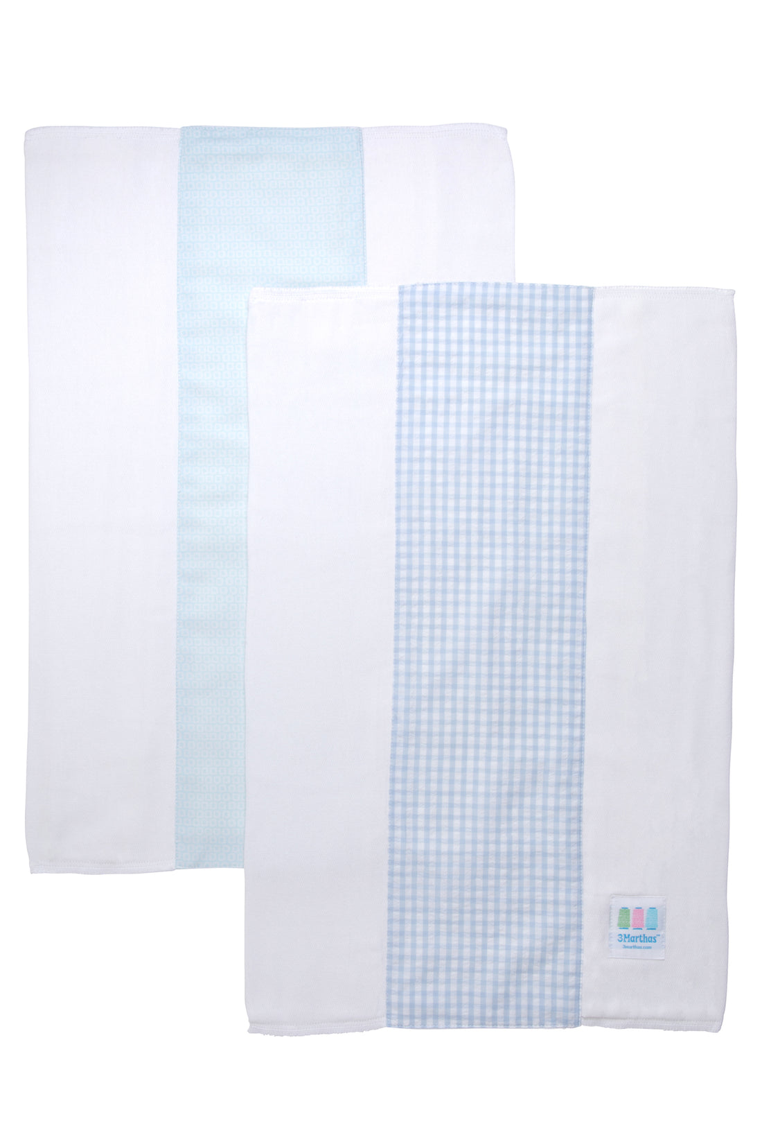 Two cotton burp cloths for baby with blue dot print and blue gingham check fabric, 3 Marthas
