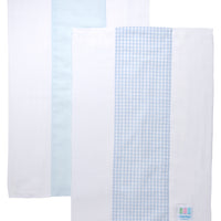 Two cotton burp cloths for baby with blue dot print and blue gingham check fabric, 3 Marthas