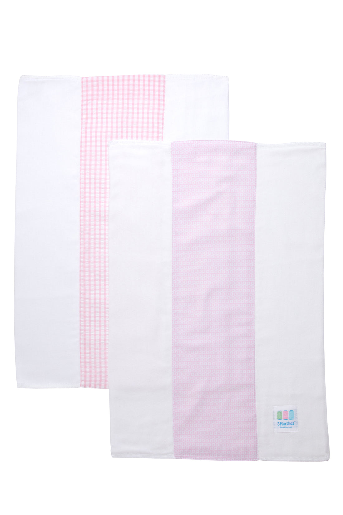 Two cotton burp cloths for baby with pink dot print and pink gingham check fabric, 3 Marthas
