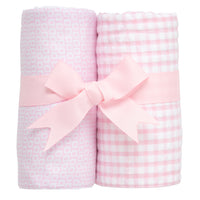 Two cotton burp cloths for baby with pink dot print and pink gingham check fabric, 3 Marthas
