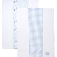 Two cotton burp cloths for baby with blue sailboat print and blue gingham check fabric, 3 Marthas