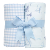Two cotton burp cloths for baby with blue sailboat print and blue gingham check fabric, 3 Marthas