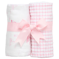 Two cotton burp cloths for baby with pink sailboat print and pink gingham check fabric, 3 Marthas