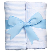Two cotton burp cloths for baby with blue teddy bear toile and stripe fabric, 3 Marthas