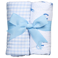 Two cotton burp cloths for baby with blue cowboy and gingham fabric, 3 Marthas