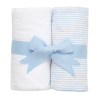 Two cotton burp cloths for baby with blue and white seersucker stripe fabric, 3 Marthas
