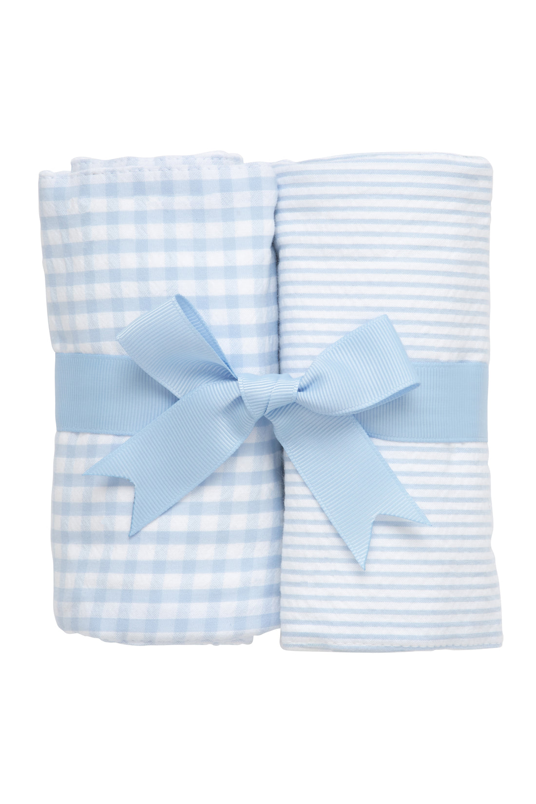 Two cotton burp cloths for baby with blue gingham check and seersucker stripe fabric, 3 Marthas